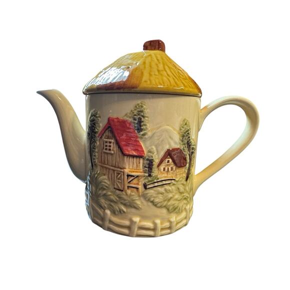 Vintage Country Scene Earthenware 18 Pc. Dish Set Farmhouse Mugs Teapot Cookie - Picture 2 of 12